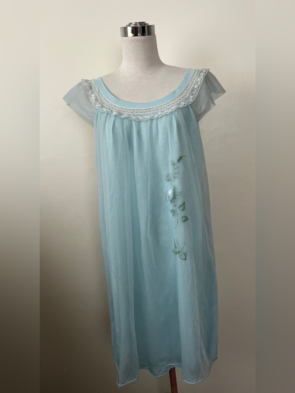 vintage Gaymode Light Blue Sheer Nightgown with Lace Trim size M
